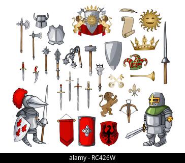 Knight cartoon character with different game medieval weapons elements set Stock Vector