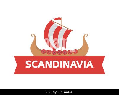 Flat logo emblem with Scandinavian drakkar - Vikings Ship and caption. War Boat of ancient norse warriors. Stock Vector