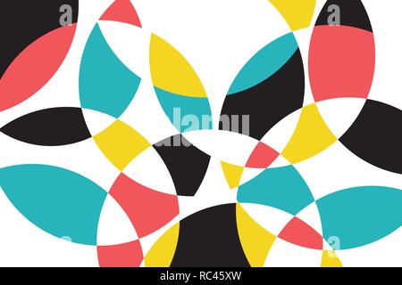 Abstract background pattern made with circular geometric shapes in blue, pastel red, yellow and black colors. Playful and modern vector art. Stock Vector