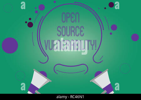 Writing note showing Open Source Vulnerability. Business photo showcasing Publicized Exploits are open to malicious users Two Megaphone and Circular O Stock Photo