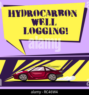 Writing note showing Hydrocarbon Well Logging. Business photo showcasing record of the geologic formations of a borehole Car with Fast Movement icon a Stock Photo