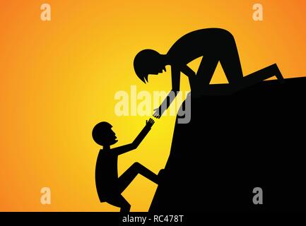 Man help his friend to climb up, silhouette vector art Stock Vector
