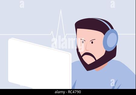 Hipster gamer with headset playing game, vector art Stock Vector