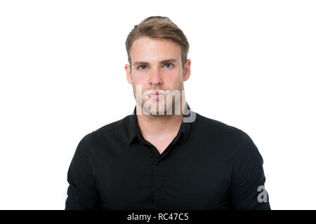 Man elegant manager wear black formal outfit on white background. Elegance in simplicity. Rules for wearing all black clothing. Black fashion trend. Reasons black is the only color worth wearing. Stock Photo