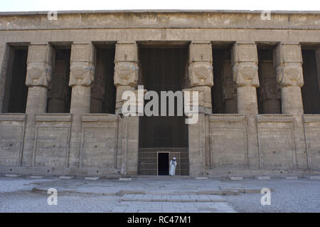 Egypt. Dendera. Hathor Temple. Facade held by six columns of Hathoric capitals. Stock Photo