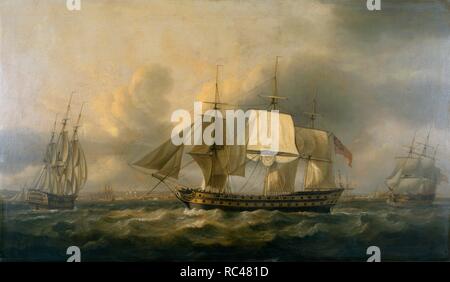 A ship is wrecked in a stormy sea off a rocky coast. People on shore ...