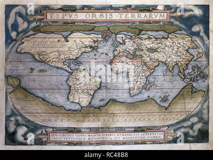 Theatrum Orbis Terrarum (Theatre of the World). Is considered to be the first true modern atlas. Written by Abraham Ortelius and originally printed on May 20, 1570, in Antwerp. World Map. Stock Photo