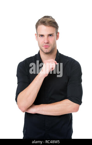 Rules for wearing all black clothing. Black fashion trend. Reasons black is the only color worth wearing. Man elegant manager wear black formal outfit on white background. Elegance in simplicity. Stock Photo