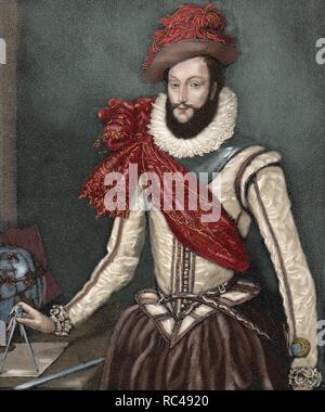 Sir Walter Raleigh (c. 1554-1618). English aristocrat, writer, poet, soldier, courtier, spy, and explorer. Colored engraving in 'El Mundo Ilustrado', 1880. Stock Photo