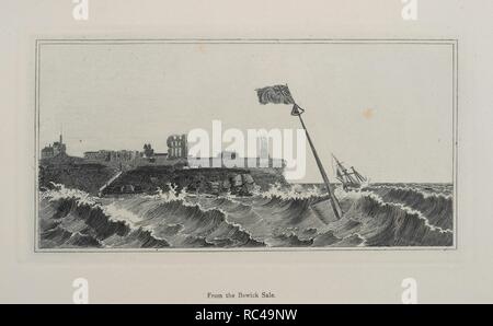 Illustration of flag flying in a stormy sea with a castle ruin on the headland. Bewick Gleanings: being impressions from copperplates and wood blocks, engraved in the Bewick workshop ... etc. Newcastle-upon-Tyne, England, 1886. Source: 7857.i.42 plate xxxvi. Language: English. Author: BEWICK, THOMAS. Julia Boyd. Stock Photo