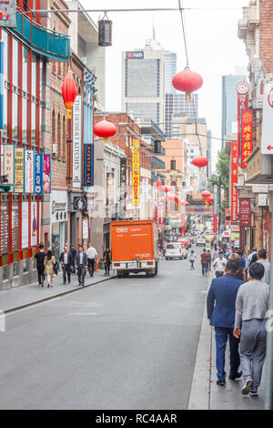 Melbourne, Australia - 21st February 2018: People walking on Little Bourke Street, Chinatown.  It is the longest continuous settlement in the Western  Stock Photo