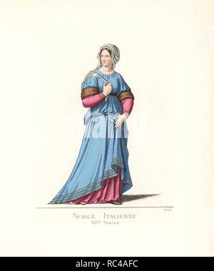 Costume of an Italian noblewoman, 14th century. She wears a veil, a blue dress trimmed with fur and edged with gold, over a pink dress. From a painting in the Academy of Fine Arts, Siena. Handcoloured illustration drawn and lithographed by Paul Mercuri with text by Camille Bonnard from 'Historical Costumes from the 12th to 15th Centuries,' Levy Fils, Paris, 1861. Stock Photo