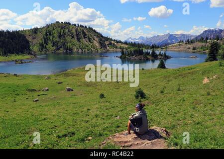 Rock Isle Lake and reflection, Sunshine Meadows in Banff National Park, Rocky Mountains,  Alberta. Canada. Stock Photo