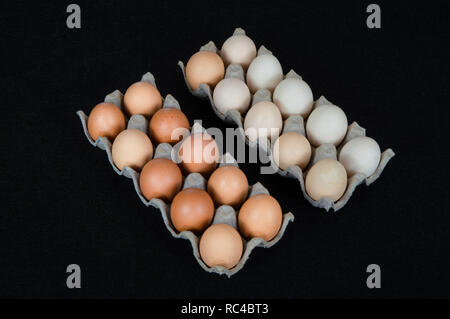 Twenty chicken eggs in two carton boxes, isolated on black felt background. Stock Photo