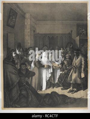 Lichtenstein CafÃ©, den 7 Desember 1812. The Lichtenstein CafÃ©, 7 Desember 1812. Napoleon and his officers being given hospitality during the retreat from Moscow. Blaetter aus meinem Portefeuille, im Laufe des Feldzugs 1812 in Russland an Ort und Stelle gezeichnet von C. W. von Faber du Faur und mit erlaeuternden Andeutungen begleitet von F. von K-Feuilles extraites de mon portefeuille esquisseÌes ... en Russie par C. G. de Faber du Faur, accompagneÌes de notes explicatives par F. de K. Germ. and Fr. Stuttgart, 1831-43. Source: 1765.c.6 plate 94. Stock Photo