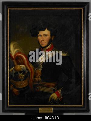 Three-quarter length portrait of Major Edward Vibart (1807-57) in the uniform of the Bengal Light Cavalry, c.1833. He stands with his left hand on the hilt of his sword and is holding his plumed helmet with his right. Born on 15 November 1807, Vibart served with the Bengal Light Cavalry from 27 July 1824 until his death on 28 Jun 1857. Cadet 1823; Cornet 1 May 1824; Lieutenant 13 May 1825; Captain 16 February 1849; Brevet Major 11 November 1851. He went on furlough February 1829-August 1831 and January 1833-February 1834. During the latter furlough he married Emily Coles on 4 June 1833. He ser Stock Photo