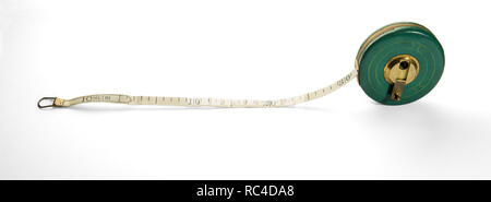 Vintage 10 meter measuring tape unrolled horizontally on white background Stock Photo