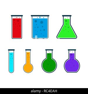 Set of test tube icons in flat design. Vector Illustration. Colored chemical laboratory flasks. Stock Vector
