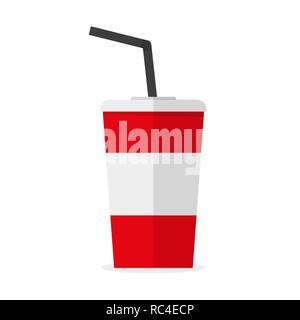 Paper red cup with cola. Vector illustration. Popular cold drink with straws in flat design Stock Vector