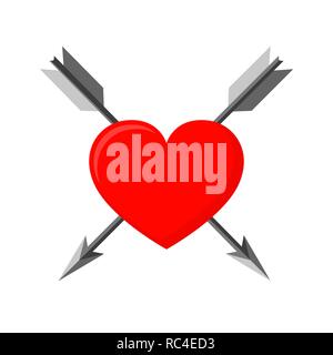 Heart and arrows in flat design. Vector illustration. Crossed hunter arrows with red heart, isolated Stock Vector