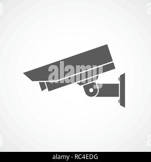 Security camera icon in flat design. Vector illustration. Gray camera, isolated on light background. Stock Vector