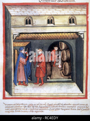 Tacuinum Sanitatis. 14th century. Medieval handbook of health. Wine cellar. Two men drinking wine while another man is extracting wine from a barrel. Folio 86v. Stock Photo