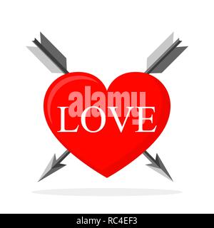 Heart with arrows and Love lettering. Vector illustration. Concept of the love in flat design Stock Vector