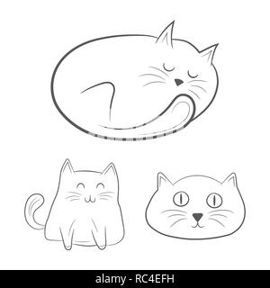 Funny hand drawn cats in a flat linear design. Vector illustration. Set of cats silhouettes isolated Stock Vector