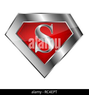 3D chrome Superhero logo with letter S. Vector illustration. Glossy superhero logo on white background. Stock Vector