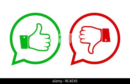 Thumb up and down red and green icons. Vector illustration. I like and dislike round buttons in flat design. Stock Vector
