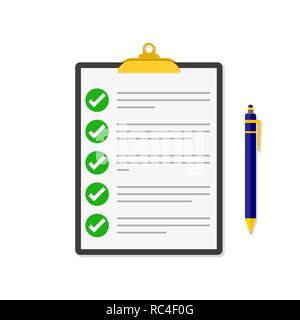 Checklist with a pen. Vector illustration. Checklist clipboard in flat design Stock Vector