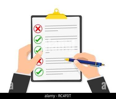 The paper checklist in the hand. Vector illustration. Report file in flat design. Concept of quality control. Stock Vector