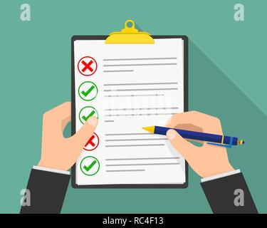 The paper checklist in the hand. Vector illustration. Report file in flat design. Concept of quality control. Stock Vector