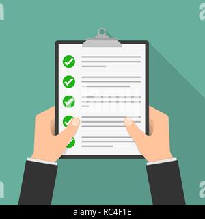 The paper checklist in the hand. Vector illustration. Report file in flat design. Concept of quality control. Stock Vector