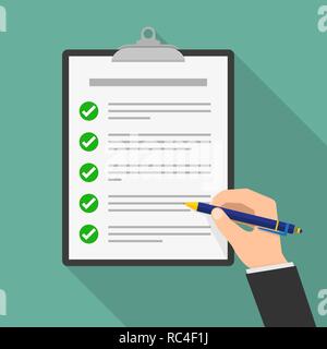 Hand holding business paper with checklist and pen. Vector illustration. Checklist clipboard in flat design Stock Vector