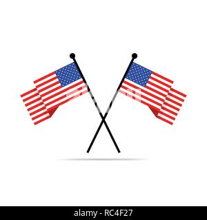 Two crossed american flags. Vector illustration. Cartoon american flags in flat design, isolated Stock Vector