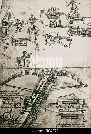 Leonardo da Vinci (1452-1519). Codex Atlanticus. The original desing of the giant crossbow, c.1500. Engraving. Ambrosiana Library, Milan, Italy. Stock Photo