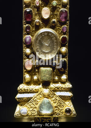 Cross of the Emperor Lothair II (835-869). 11th century. Gold and precious gems. Detail. Aachen Cathedral Treasury. Germany. Stock Photo