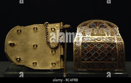 Sutton Hoo Treasure. Royal shoulder-clasps decorated with inlaid gold, enamel and garnet. 7th-8th centuries AD. From Mound 1. Near Woodbridge, Suffolk, England. British Museum. London. England. United Kingdom. Stock Photo