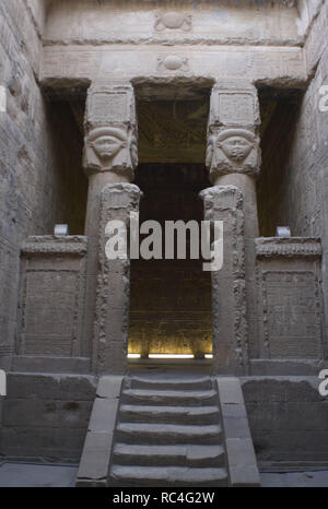 Egypt. Dendera. Hathor Temple. New Year Chapel with Hathoric columns. Entrance. Stock Photo