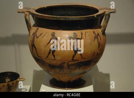 Greek Art. Archaic period. Krater painted with scenes of men and women dancing. Below, is depicted panthers and wild goats. It comes from Kaza (Eleftheros). Komast Style Group. Dated between 580-570 BCE National Archaeological Museum. Athens. Greece. Stock Photo