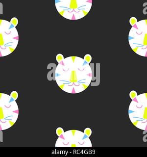 Vector seamless pattern with cute lion heads on black background. Fabric design for kids clothing. Stock Vector