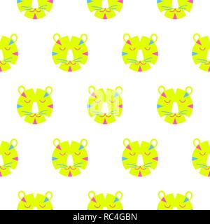 Cute tiger heads on white seamless background. Fabric green neon design for kids clothing. Stock Vector