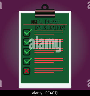 Handwriting text writing Digital Forensic Investigation. Concept meaning recovery of information from computers Lined Color Vertical Clipboard with Ch Stock Photo