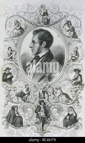 Alessandro Manzoni (1785-1873). Italian writer and poet. The Betrothed. His first novel, published in 1827. Engraving of the author belonging to the second edition, framed by depictions of characters of The Betrothed. Stock Photo