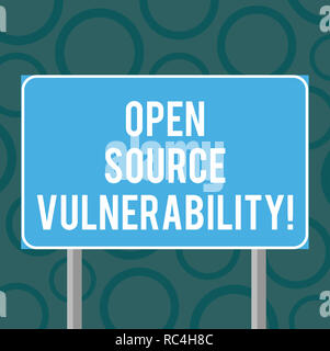 Writing note showing Open Source Vulnerability. Business photo showcasing Publicized Exploits are open to malicious users Blank Outdoor Color Signpost Stock Photo