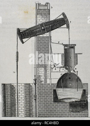 Newcomen steam engine invented by Thomas Newcomen in 1712. It consisted of a pump designed to reduce water steam in the galleries of mines. Engraving. Stock Photo