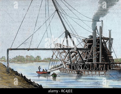 Construction of the Panama Canal. Works in the estuary of the Rio Grande. Colored engraving, 1886. Stock Photo