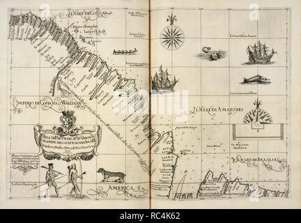 Map of Il Mari di Amazones. An indented coastline of the Americas region. A chart dated 1646. . America. [A Collection of 31 Charts, engraved by Antonio Francesco Lucini in: Robert Dudleyâ€™s. Firenze. Published in 1646, 1647. Source: G.2899 127. Language: Italian. Stock Photo