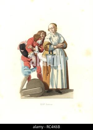 Dutch bourgeoise housewife with milk pail and page, 17th century, from a painting by Gabriel Metzu. Handcolored illustration by E. Lechevallier-Chevignard, lithographed by A. Didier, L. Flameng, F. Laguillermie, from Georges Duplessis's 'Costumes historiques des XVIe, XVIIe et XVIIIe siecles' (Historical costumes of the 16th, 17th and 18th centuries), Paris 1867. The book was a continuation of the series on the costumes of the 12th to 15th centuries published by Camille Bonnard and Paul Mercuri from 1830. Georges Duplessis (1834-1899) was curator of the Prints department at the Bibliotheque na Stock Photo